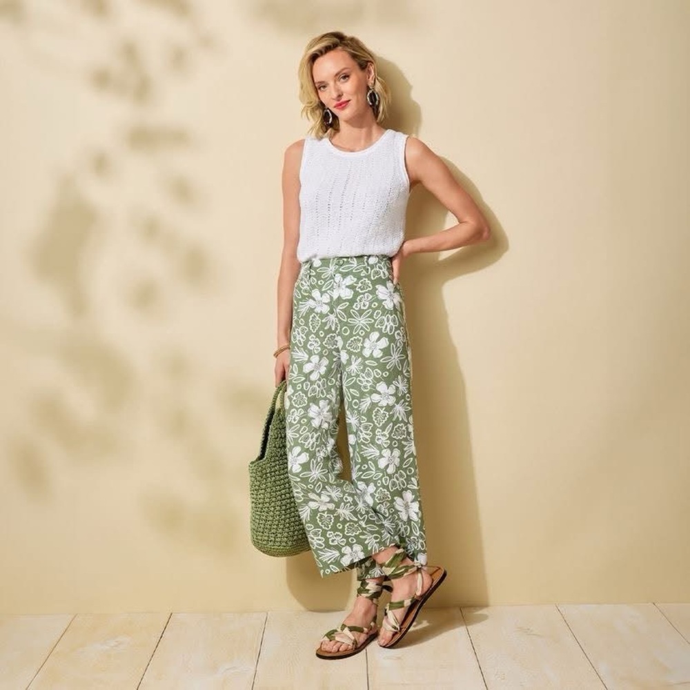 Women’s Northern Reflections NWT Floral Green White Wide-Leg Flowy Pants S: 18